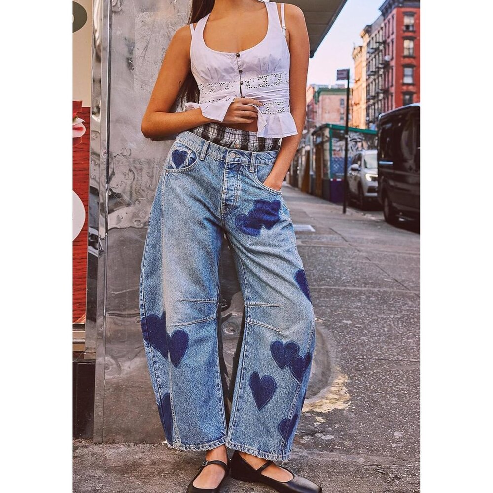 Women's Printed Baggy Jeans Mid Rise Wide Leg Tapered Stretch Casual - Picture 2 of 5